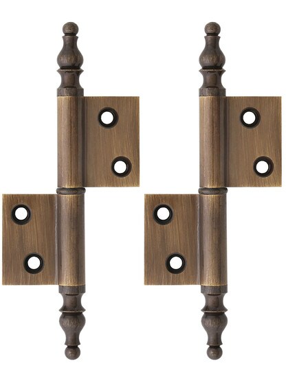 Pair of Solid Brass Steeple Tip Right-Hand Flag Hinges - 2 1/2 inch x 1 3/4 inch in Antique Brass.